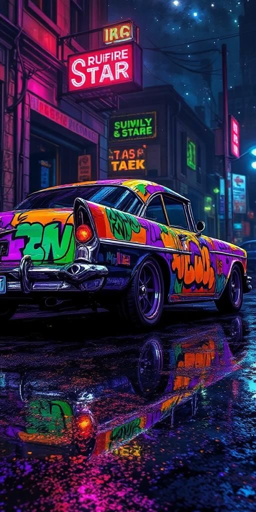 Neon Graffiti Vintage Car Wallpaper