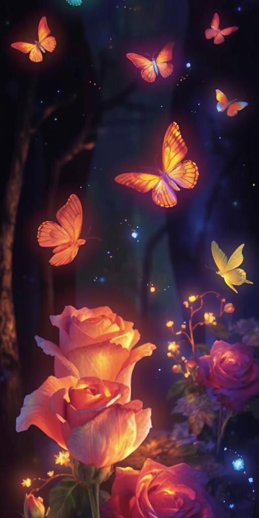 Enchanted Glow: Mystical Forest & Butterflies Wallpaper