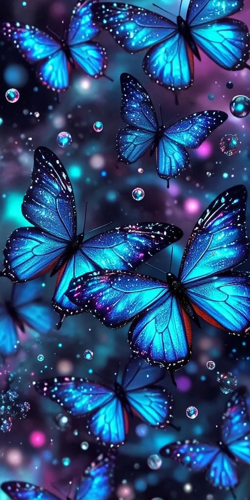 Azure Dance: Blue Butterflies in Motion Wallpaper