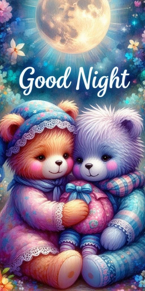 Moonlit Cuddles: Cartoon Bears Good Night Wallpaper