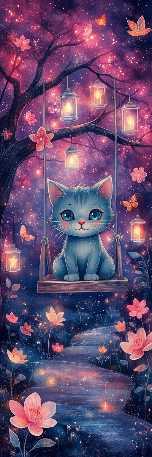 Enchanted Blue Cat Swing Wallpaper