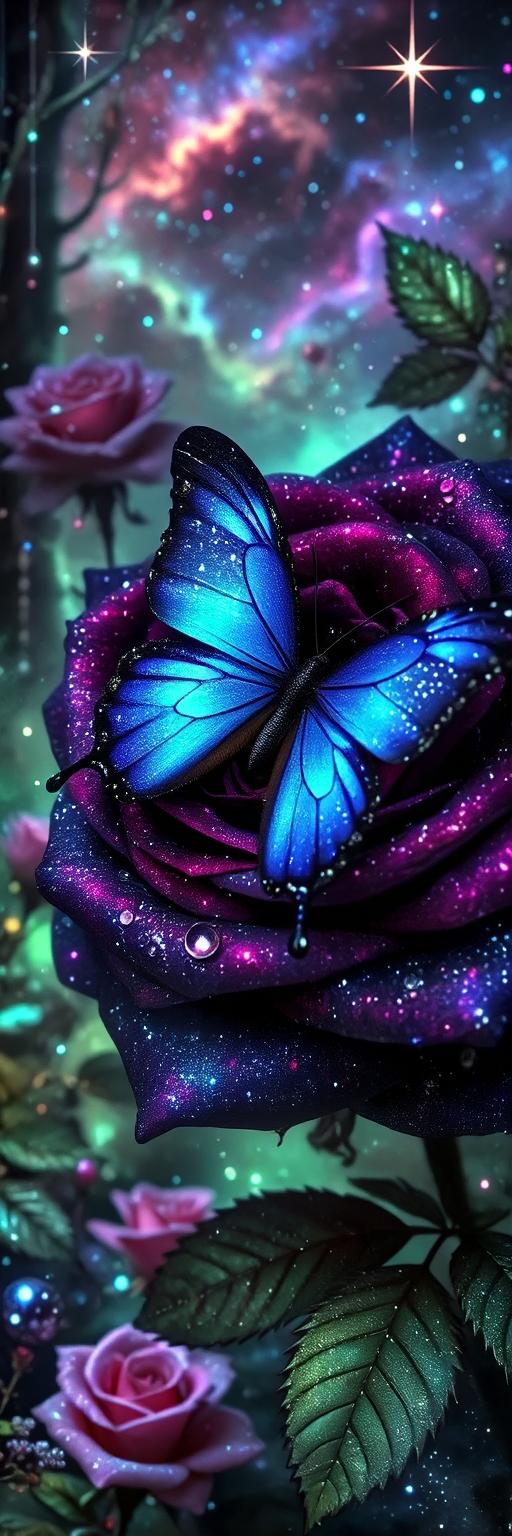 Blue Butterfly on Purple Rose Wallpaper