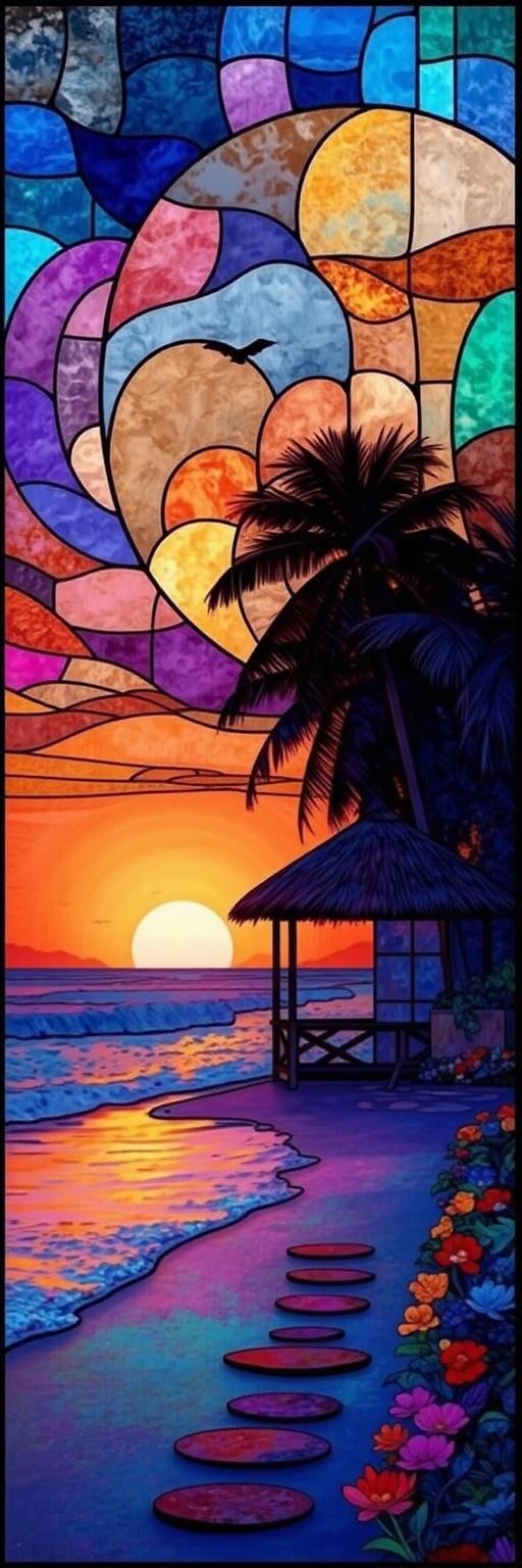 Tropical Sunset Stained Glass Wallpaper