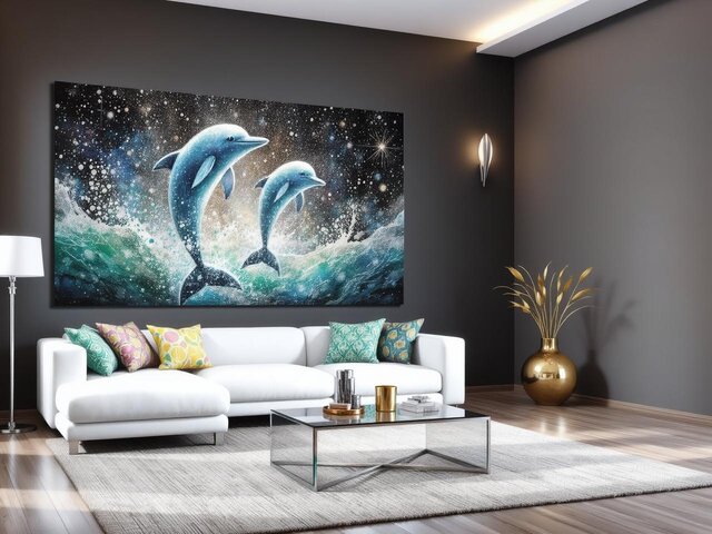 Modern Living Room with Dolphin Art Wallpaper