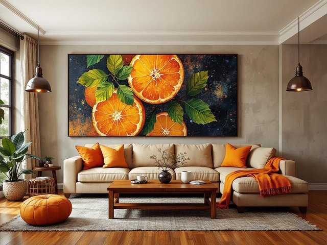 Modern Living Room with Vibrant Orange Art Wallpaper
