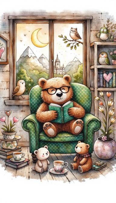 Cozy Bear Reading Room Wallpaper