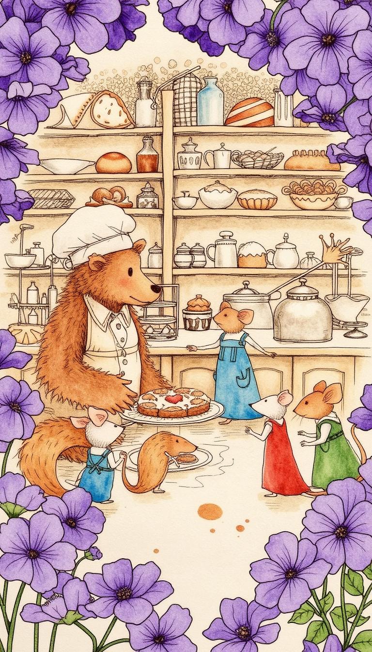 Whimsical Animal Bakery Wallpaper Art – Hand-Drawn Illustration