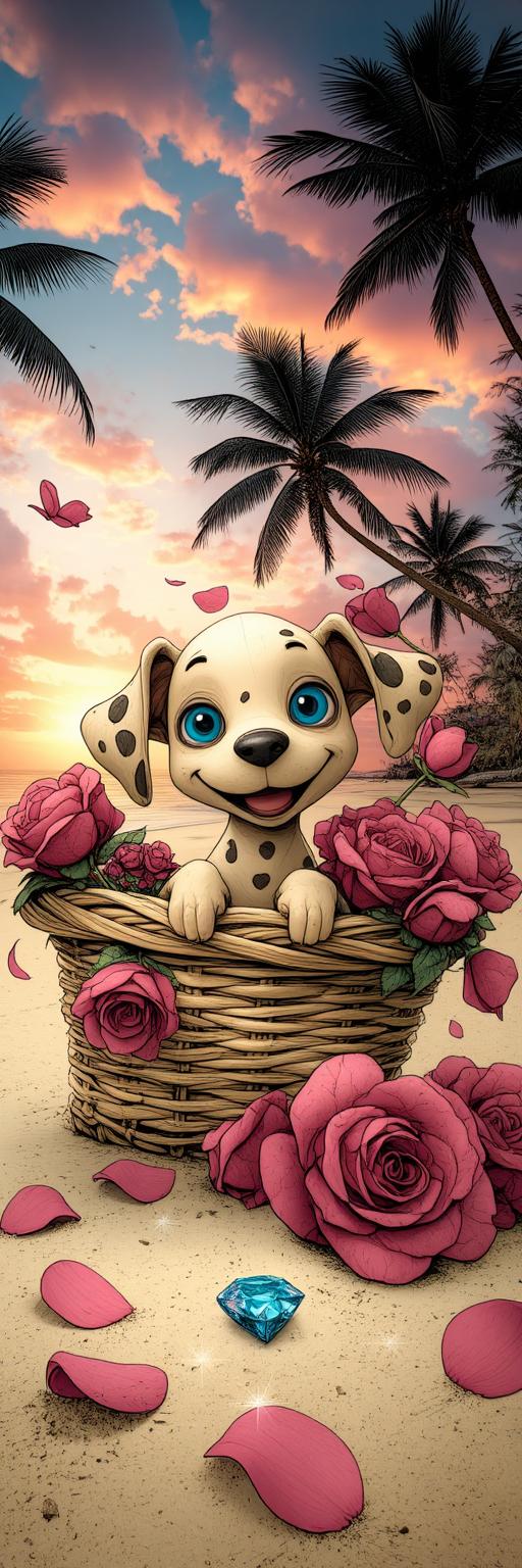 Dalmatian Puppy in Tropical Rose Basket Wallpaper