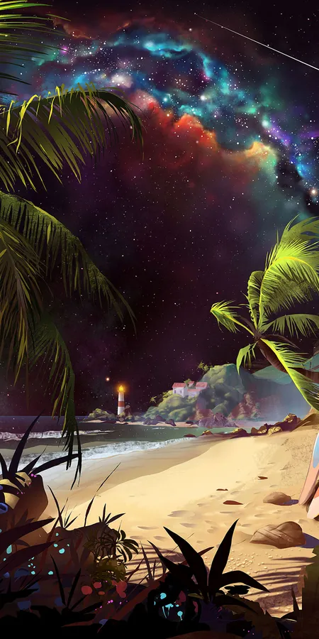 Starry Sky Beach Lighthouse Wallpaper