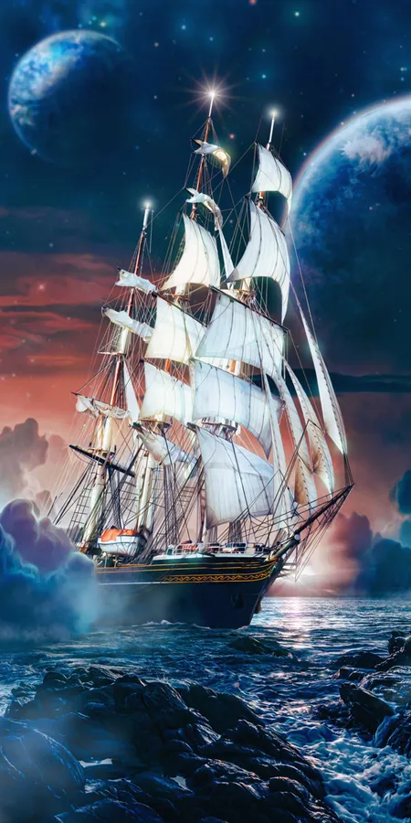 Moonlit Sea Voyage Wallpaper