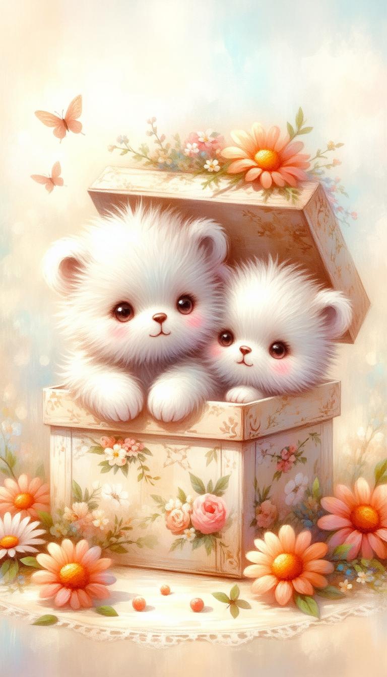 Cute Baby Bears in Floral Box Wallpaper