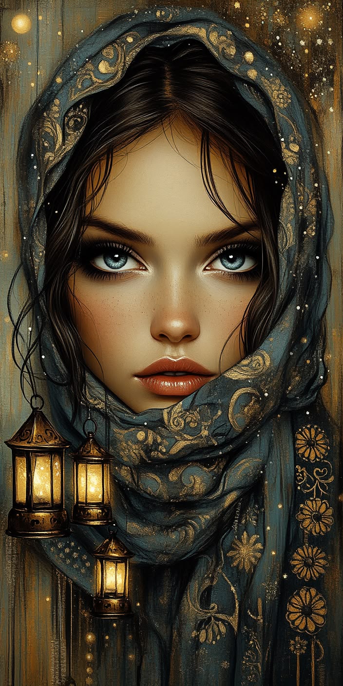 Mystical Veiled Woman Wallpaper – Hyper-Realistic Portrait with Glowing Lanterns