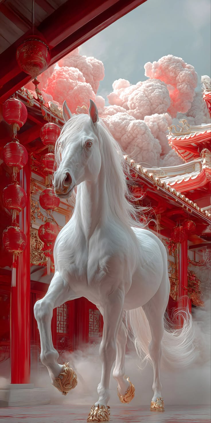 White Horse Wallpaper – Majestic Horse at Chinese Temple Fantasy Scene