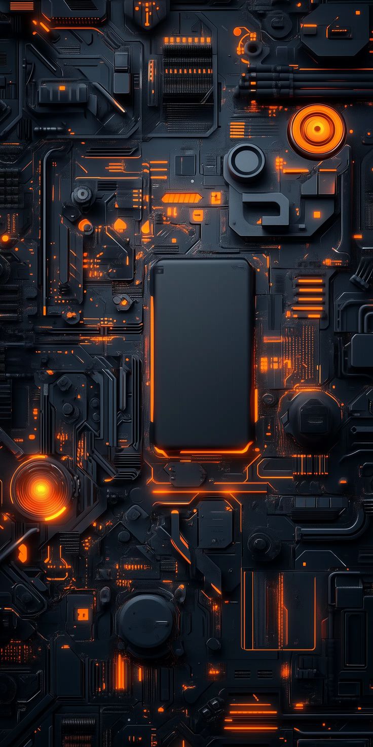 Futuristic Motherboard Orange Tech Wallpaper