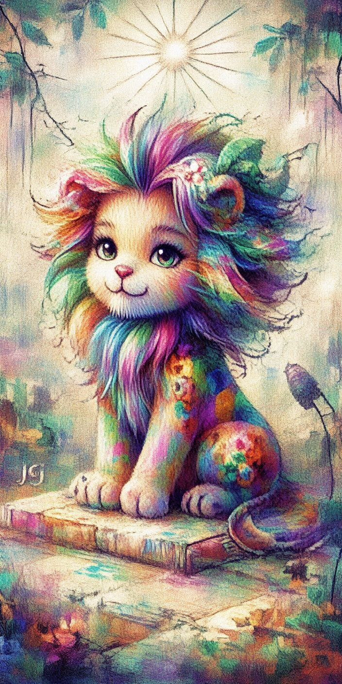 Whimsical Rainbow Lion Cub: Fantasy Animal Art