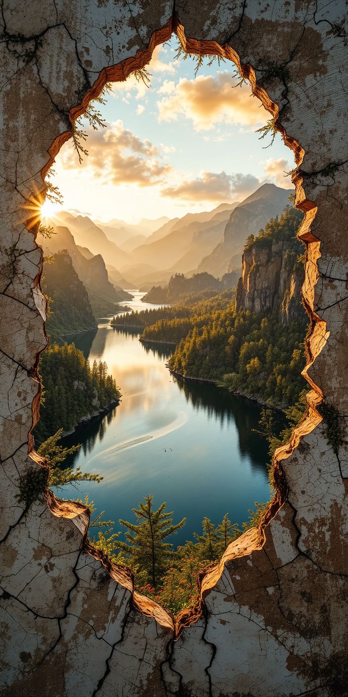 Fractured Wall Illusion Landscape Wallpaper