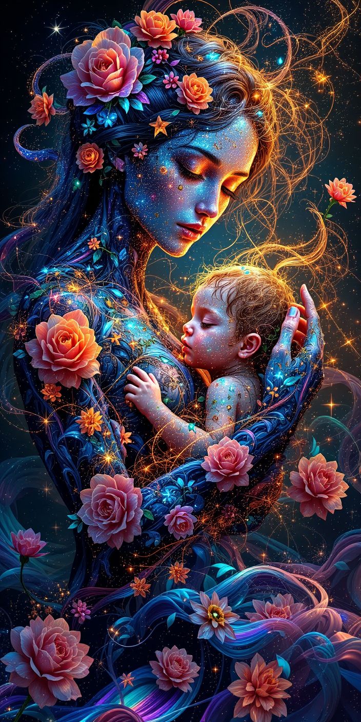 Ethereal Mother and Baby Wallpaper