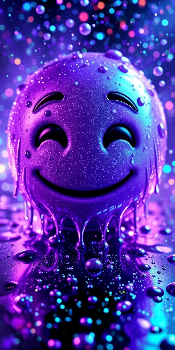 Purple Smiley Emoji Wallpaper – Glossy Wet Neon Mood Design