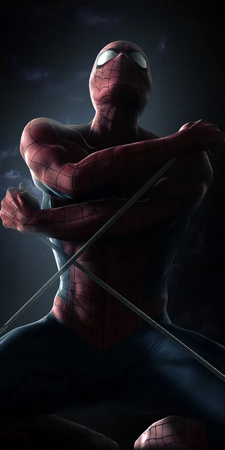Spider-Man In Dynamic Night Pose With Crossed Swords