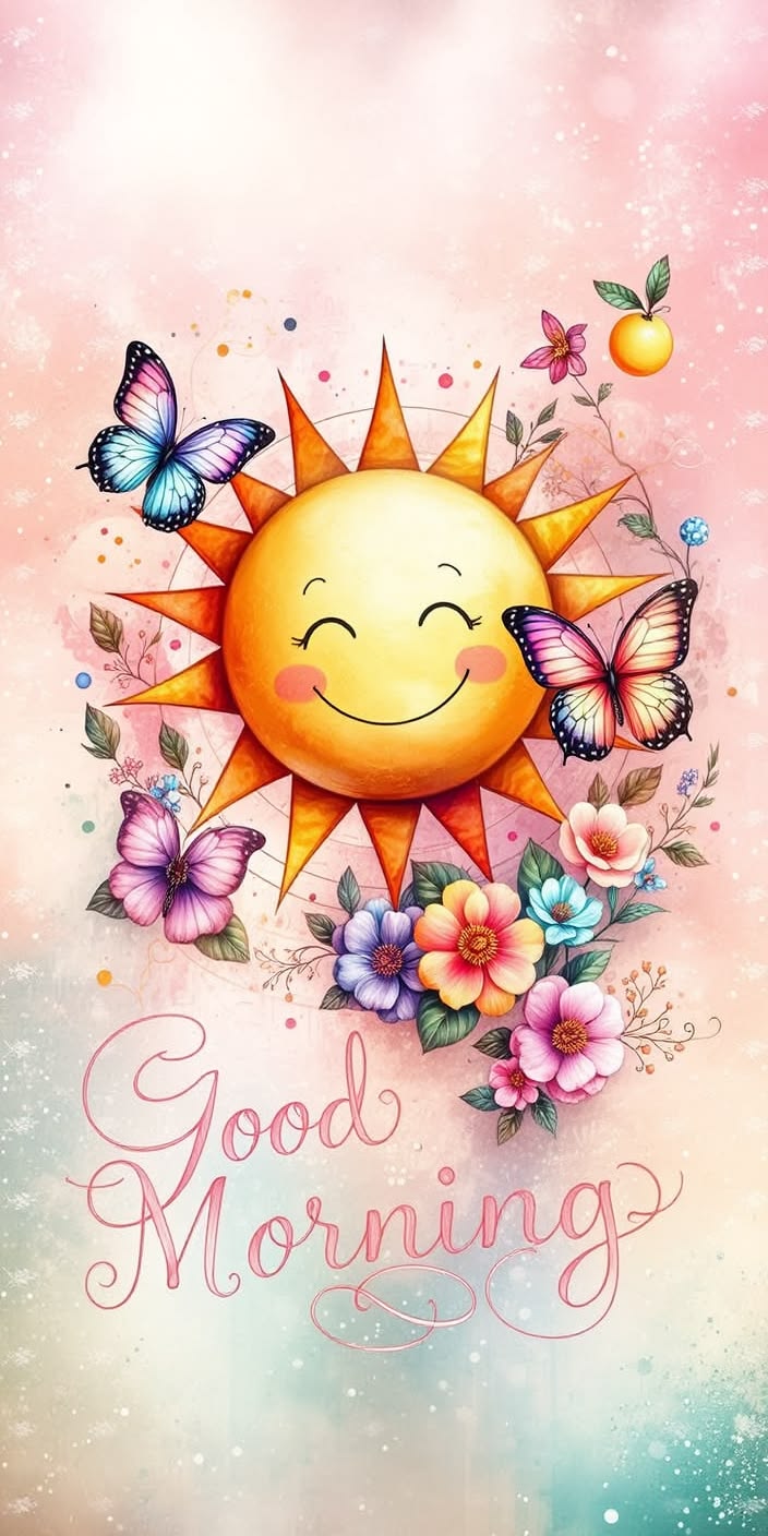 Good Morning Wallpaper – Cheerful Sun Butterflies Watercolor Art
